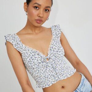 Garage Savannah Smocked Crop Top - White/Blue Daisy